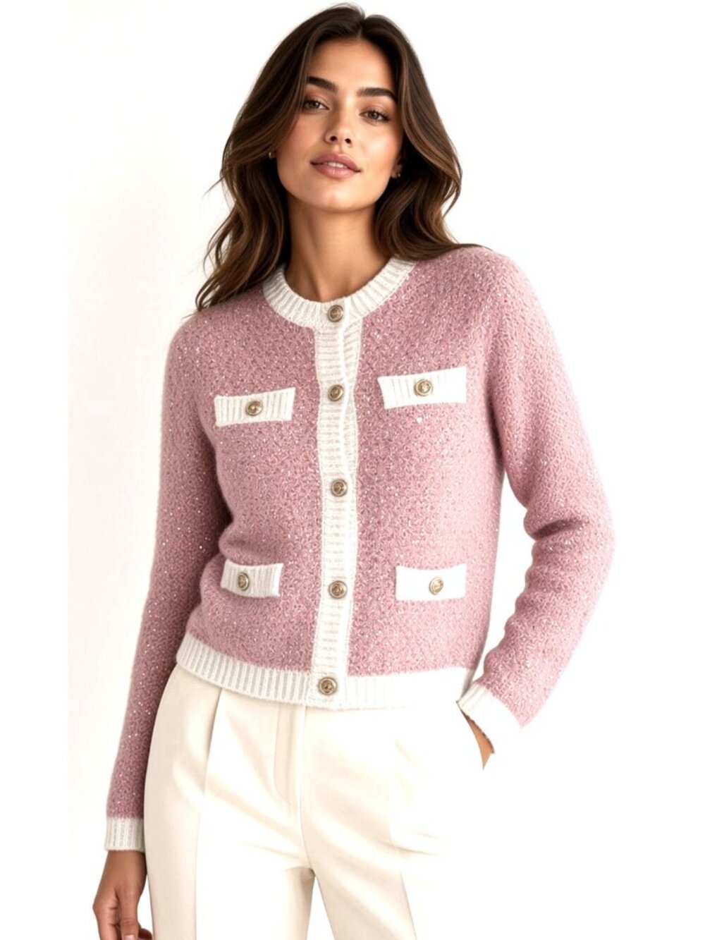 New Maje Morning Pink Lurex Sequins Chanel Vibes Cardigan Jacket Sz 2 / US M